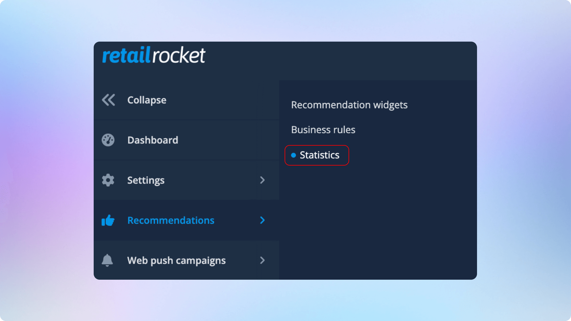 Statistics is available in the Recommendations section of the Retail Rocket management and administration interface